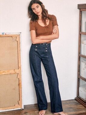 Sezane High-Waist Navy Button-Front Wide Leg Jeans